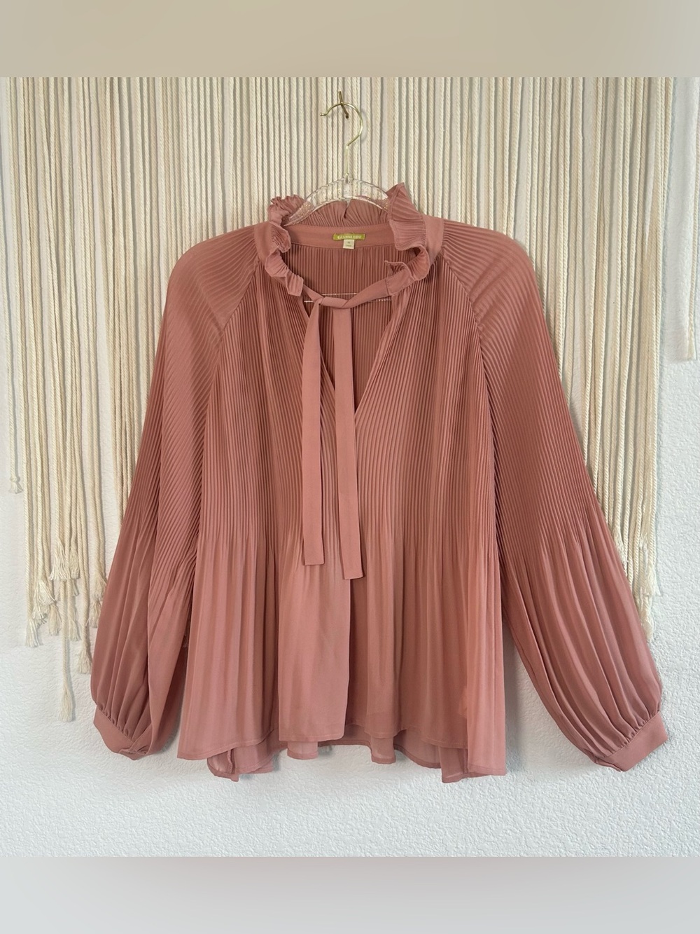 Gianni Bini Pleated Ruffle Tie-Neck Blouse - Dusty Rose Lightweight Sheer - Picture 2 of 11